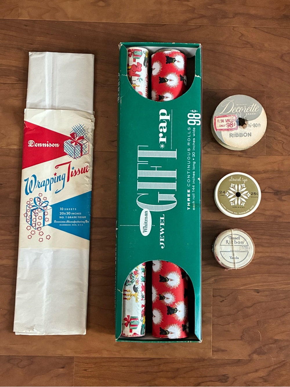 Vintage Christmas Gift Wrap Tissue Ribbon Rolls Craft Ephemera Lot MCM